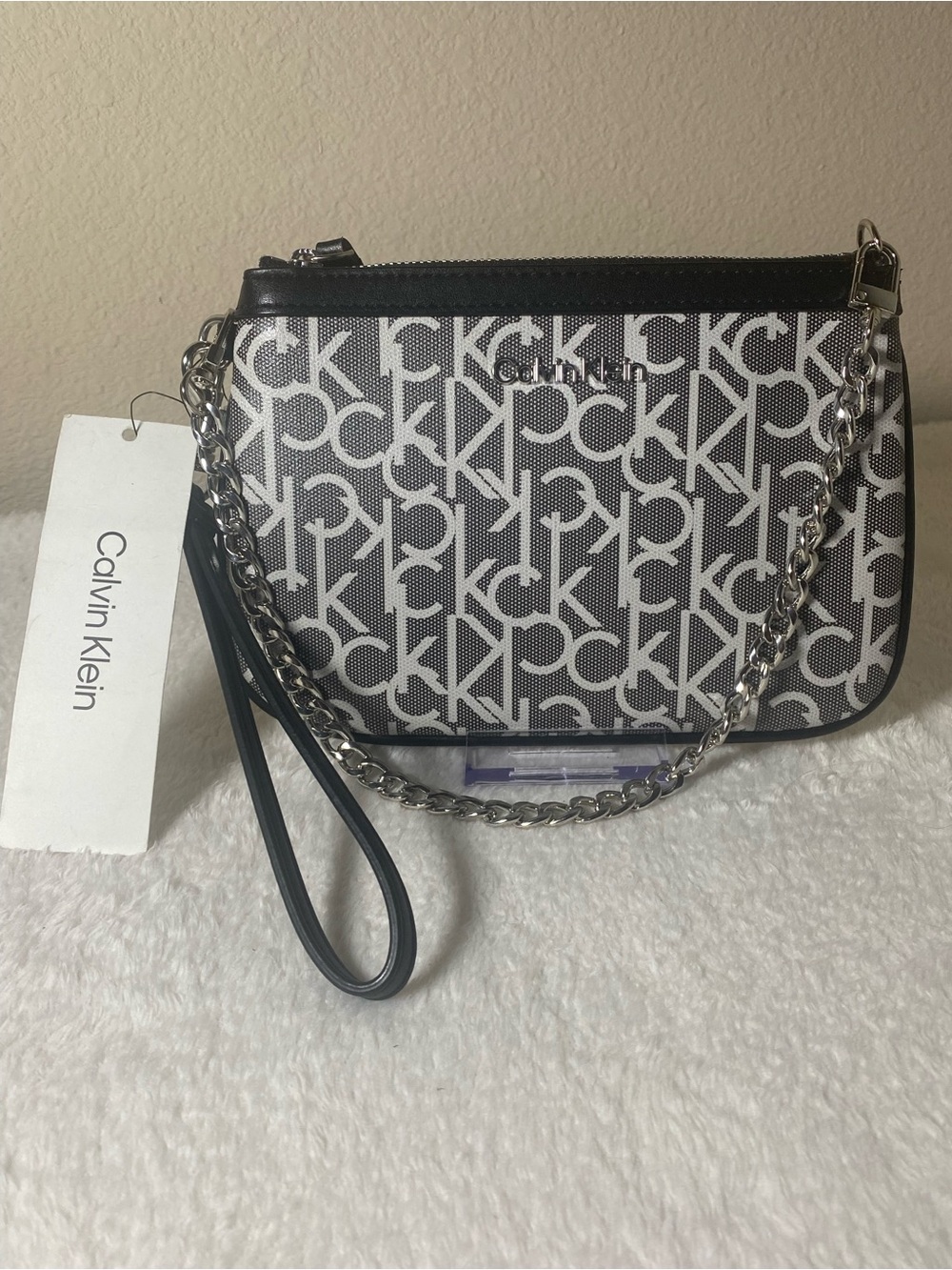 Calvin Klein Black & White Logo Chain Wristlet NEW
